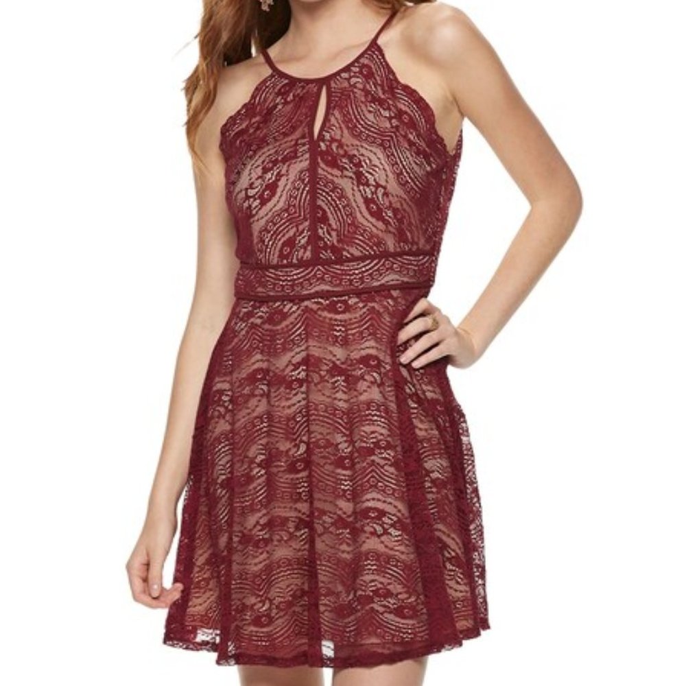 Wine & Nude High Neck Lace Juniors Skater Dress